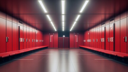 Red Locker Room with Soccer Ball and Benches