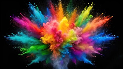 Colorful explosion of rainbow holi powder paint on black background