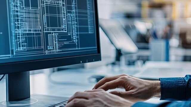 Precision Engineering Design: Close-up shot of hands expertly navigating a computer keyboard, focused on intricate blueprints displayed on a monitor. The image evokes precision, skill.
