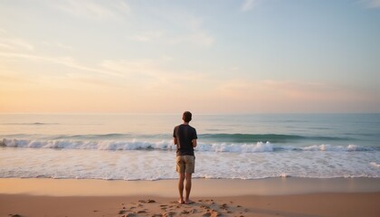 new year workout: Man contemplating by the sea at sunset