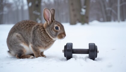 Obraz premium new year workout: Rabbit with a dumbbell in snowy woods