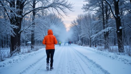 new year workout: Jogging in a snowy forest path with others