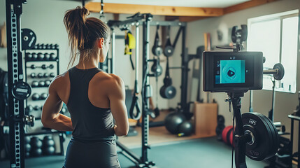 Fototapeta premium Fitness trainer recording a side hustle YouTube video in a home gym (1)