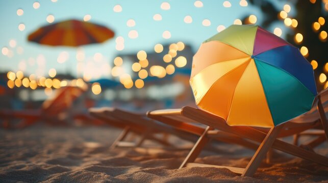 Vibrant beach scene with colorful umbrella and sunlit atmosphere
