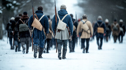 Soldiers marching through snow-covered terrain in winter uniforms during a historical re-enactment event at a rural location