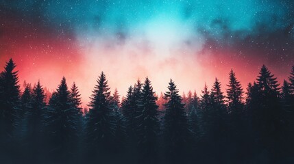 Obraz premium A stunning twilight forest scene with vibrant colors blending in the sky, creating an enchanting atmosphere among silhouetted trees.