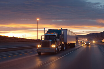 American style semi truck on a highway at the sunset pulling load. Concept of transportation and logistics. 