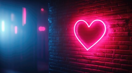 Glowing pink heart neon light on urban brick wall at night. Happy Valentine's Day. 14 february.