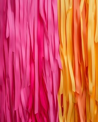 A vibrant display of pink and yellow streamers layered together, creating a festive and colorful backdrop perfect for celebrations.