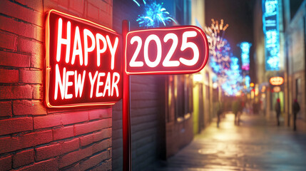 Bright neon sign welcoming the new year in a festive urban setting during night time