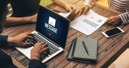 Email notification message showing on computer screen snugly. Digital marketing message information text from business to customer client