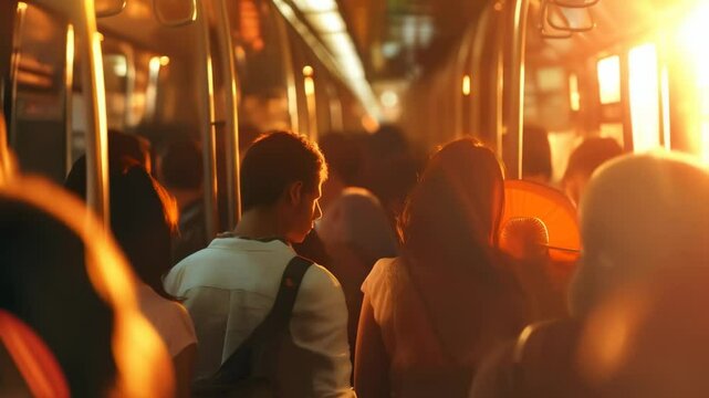 Many passengers are standing on a crowded train during rush hour, creating a warm and vibrant atmosphere with the setting sun illuminating the scene