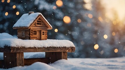 Naklejka premium A cute home designed in snow cover garden .