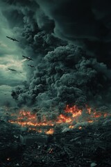 Obraz premium Apocalyptic City Destruction Massive Smoke Plume and Firestorm, Aerial Attack in War-Torn Urban Landscape