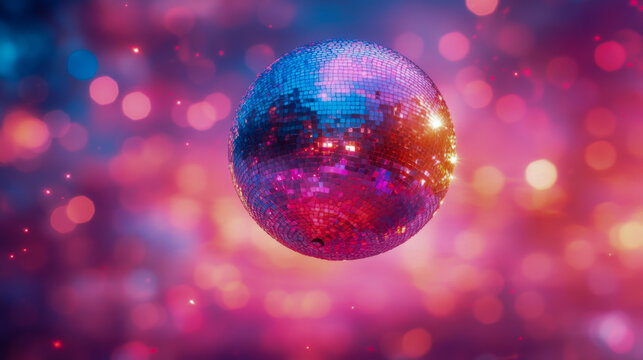 Glittering disco ball reflecting colorful lights in vibrant dance hall atmosphere