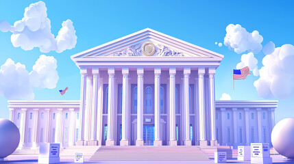 Obraz premium A grand government building featuring tall pillars, flags, and a clear blue sky creating an inviting civic atmosphere