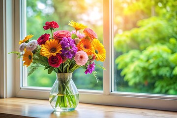 Colorful flower bouquet in vase near window