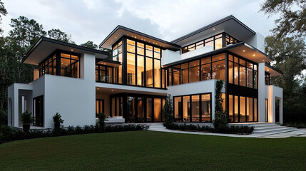 Modern Luxury Home Exterior  Night View  Contemporary Architecture  Large Windows  White W