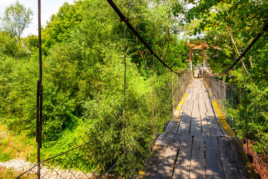 One of the two suspension footbridges over Vidima River in the Bulgarian Fore-Balkan village of Debnevo, Troyan Municipality