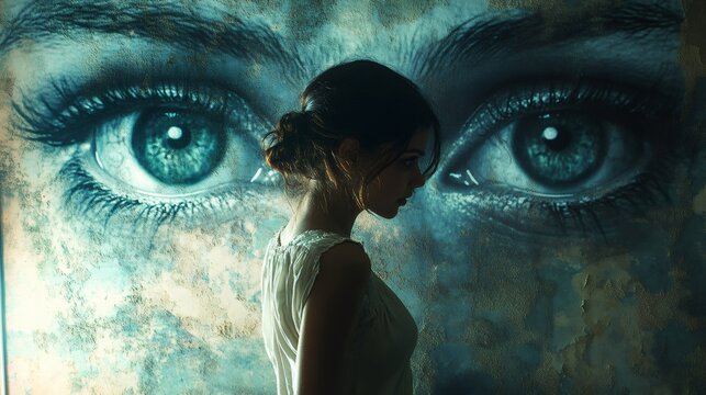 paranoia in home, at home, a woman nervously secures locks, peers through curtains, and feels unease due to the sensation of being watched by eyes in the wallpaper