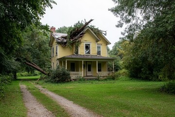 Desolate Yellow House Hit by Fallen Tree - Storm Damage in Overgrown Woods, Somber Scene of Abandoned Home - Natural Disaster Aftermath