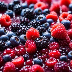a bowl of raspberries, blackberries, and raspberries on a wooden table.