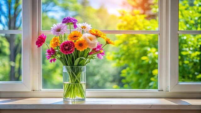 Colorful flowers in front of a bright window
