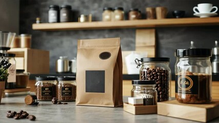 A kitchen counter with a bag of coffee beans and other items