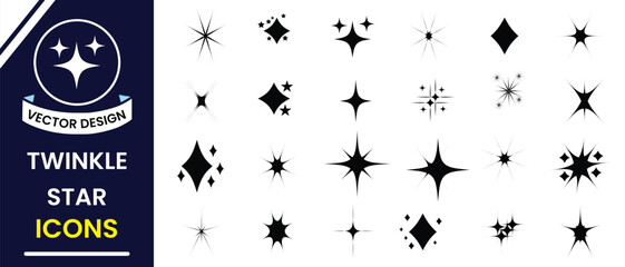 Set of twinkling stars vector. Shiny sparks icon. Minimalist twinkle star shape symbols. Modern geometric elements, shining star icon set. Twinkling spark and burst icons set.