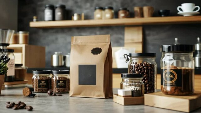 A kitchen counter with a bag of coffee beans and other items