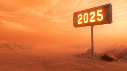 A futuristic landscape showing a glowing sign indicating the year 2025 in a dystopian environment