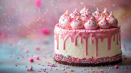 Pink icing drip cake with colorful sprinkles on festive background