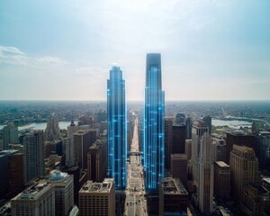 Futuristic Urban Skyscrapers with Glowing Blue Lines in Hazy Cityscape - Modern Digital Art Concept