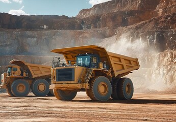 Obraz premium Heavy machinery in an open pit mine showcasing powerful dump trucks against a rugged backdrop of rocky terrain and clear blue sky