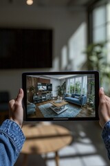Immersive Home Technology Close-up Digital Tablet Displaying Modern Living Room, Peaceful Interior Setting, Virtual Reality Concept