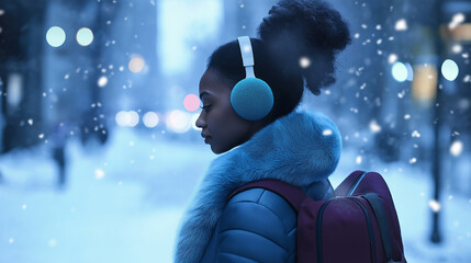 Woman with stylish earmuffs and trendy winter outfit walking through a snowy street
