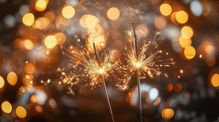 Fototapeta premium Sparkling fireworks against blurry lights backdrop creating festive holiday atmosphere