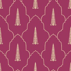 Pine tree illustration seamless pattern tropical, ethnic, mughal arch repeated illustrated colorful background.