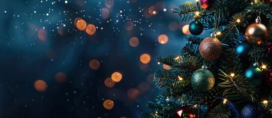 a festive scene with a decorated Christmas tree on the right side. The tree is adorned with various colored ornaments, including blue, red, and gold baubles, and is lit with small white lights.