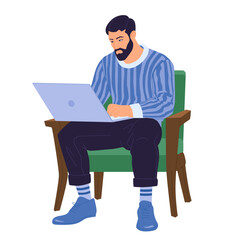 Vector illustration of a man working on a laptop, symbolizing remote work, digital productivity, and online professional activities.