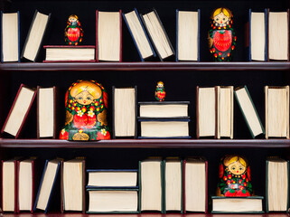  Muñecas rusas Matryoshka junto con libros clásicos en una estantería
