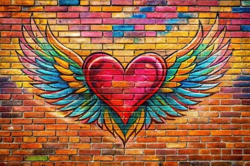 Colorful graffiti heart with wings on brick wall