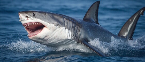 Fototapeta premium Majestic Great White Shark Breaching in Dramatic Ocean Encounter - Power of Nature and Wildlife Exploration