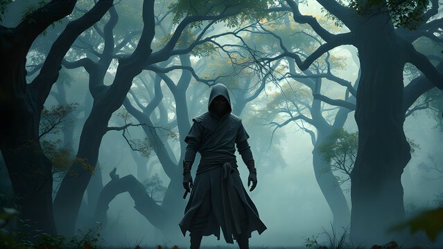 Ninja warior in black standing in the middle of cloudy forest