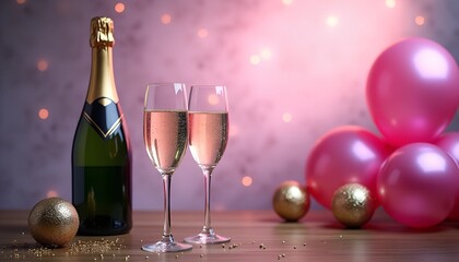 champagne glasses and festive pink balloons


