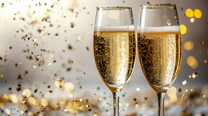Two champagne glasses with bubbles and golden confetti in festive celebration