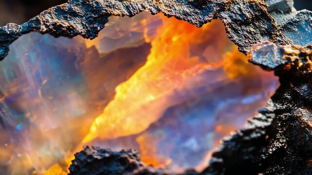 Opal Fire: A mesmerizing close-up of a fiery opal gemstone, showcasing its vibrant, iridescent colors and intricate patterns. The warm, orange hues create a sense of energy and vibrancy.