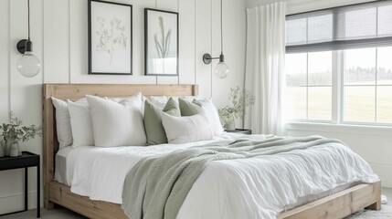 Fototapeta premium Design a bright and cozy modern farmhouse master bedroom with white walls. 