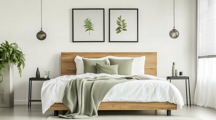 Design a bright and cozy modern farmhouse master bedroom with white walls.
