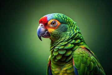 Obraz premium Colorful green parrot surrounded by vibrant feathers and leaves on a dark green background